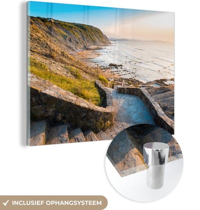 MuchoWow® Glasschilderij 160x120 cm - Schilderij acrylglas - Zee - Trap - Stenen - Foto op glas - Muurdecoratie woonkamer - Wanddecoratie slaapkamer - Schilderijen