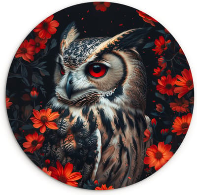 WallCircle® Wandcirkel 120x120 cm - Muurcirkel Uil - Bosdieren - Rode bloemen - Natuur - Muurdecoratie woonkamer - Wanddecoratie slaapkamer - Kamer decoratie accessoires - Ronde schilderijen XXL