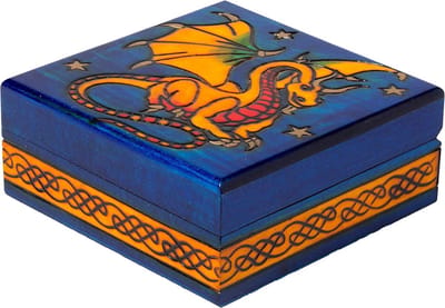 Houten Decoratiedoos - Drakenkistje - Sieraden Opbergen - Handgemaakt In Polen - 15 cm Vierkant - Blauw