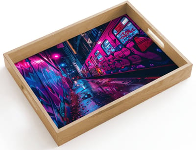 Dienblad hout 40x30 cm - Schootdienblad - Stad - Neon - Nacht - Roze - Graffiti - Borrelplank rechthoek - Plateau dienbladen