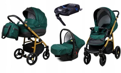 BabyLux® Kinderwagen 4in1 - AXEL - BOTTLE GREEN GOLD FRAME - Opklapbare Wandelwagen incl. Reiswieg, Multifunctionele Buggy Sportstoel, Autostoel, ISOFIX basisstation - Combi-kinderwagen met Luiertas, Regenhoes, Klamboe