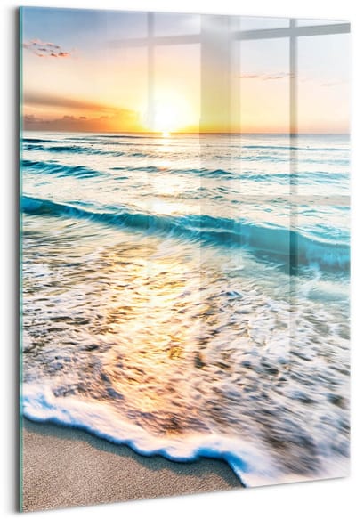 Wallfluent Glasschilderij - Strand, zee, zand Foto In Glas - 70x100 cm - Veelkleurig Verticale Muurschildering - Landschap Schilderij Glas - Foto Schilderij Op Glas - Glazen Schilderij