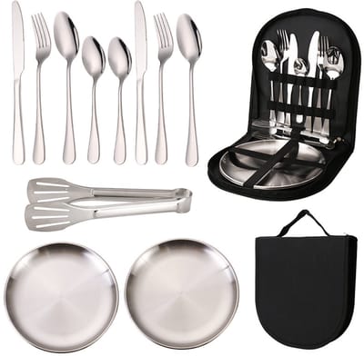 Bestek & Borden set in opbergcase - Voor Picnic, Camping & Outdoor - 2-persoons - zilver