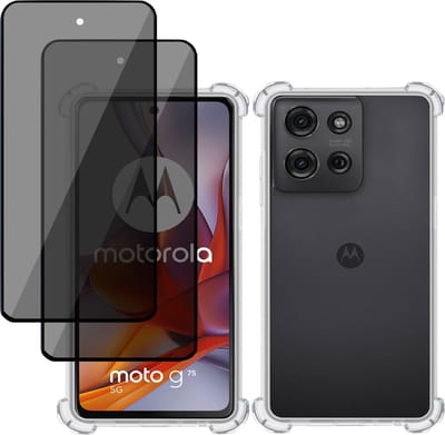 Hoesje + 2x Privé Screenprotector geschikt voor Motorola Moto G75 5G – Privacy Tempered Glass - Case Transparant