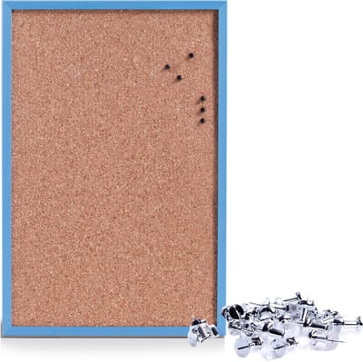 Prikbord incl. 25x punaises zilver - 40 x 60 cm - blauw - kurk