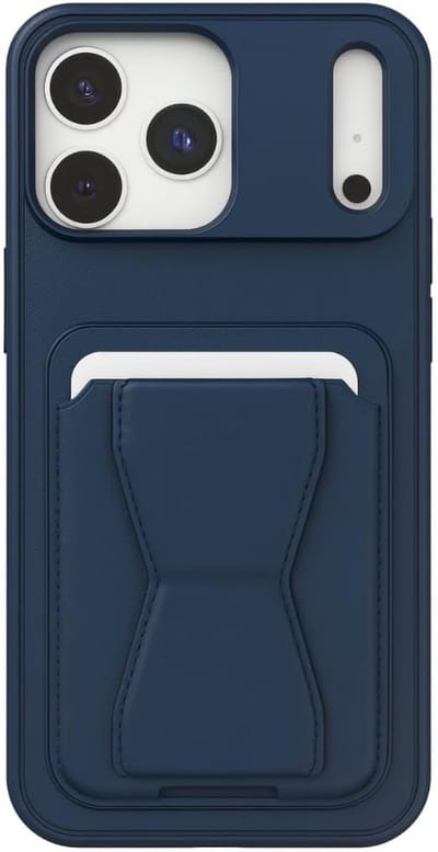 Schokbestendige Backcover met Kaarthouder & Ingebouwde Standaard – PU Leer – Luxe Bescherming & Comfortabele Grip Geschikt voor: iPhone 17 Pro Max - Blauw