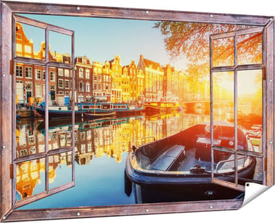 Gards Tuinposter Doorkijk Amsterdamse Brug - Gracht - met Bloemen - 180x120 cm - Tuindoek - Tuindecoratie - Wanddecoratie buiten - Tuinschilderij