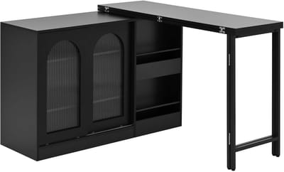 Bar tafel keuken eiland Uitrekbaar draaibaar tafelblad Met opbergkast en open planken Uitbreidbaar ontwerp Ruimtebesparend Stevig houten frame Eenvoudig te monteren en schoon te maken Geschikt voor keuken en woonkamer 121,5×40×76,7cm zwart