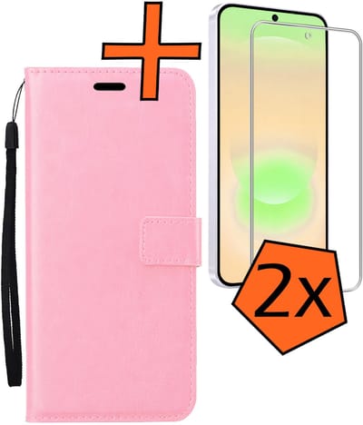 Hoes - Met 2x Screenprotector - Geschikt voor Samsung Galaxy A37 - Luxe Pasjeshouder - Bookcase Portemonee - Flip Case - Kunstleer Book Case - Flipcase Hoes - Book Cover - Walletcase - PortemonneeHoes - Lichtroze