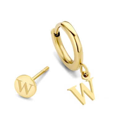 CO88 Collection Alphabet 8CE-70379 Stalen oorknop en oorring - letter W - 6 mm and 12mm - Initiaal sieraad - Goudkleurig
