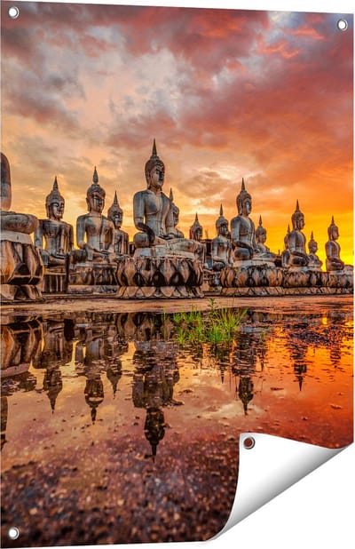 Gards Tuinposter Boeddha Beelden tijdens Zonsondergang - 60x80 cm - Tuindoek - Tuindecoratie - Wanddecoratie buiten - Tuinschilderij