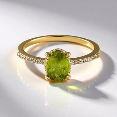Cavill - 375 Geelgouden Ring - 1,116 Karaat Madagaskar Ovale Sfeen - 28 Cambodjaanse Zirkonen 0,225 ct - Elegante Gouden Ring Met Groene Steen