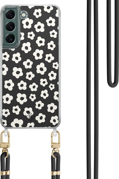 Casimoda® hoesje met koord - Geschikt voor Samsung S22 - Retro Bloempjes - Afneembaar koord - TPU/polycarbonaat - Zwart