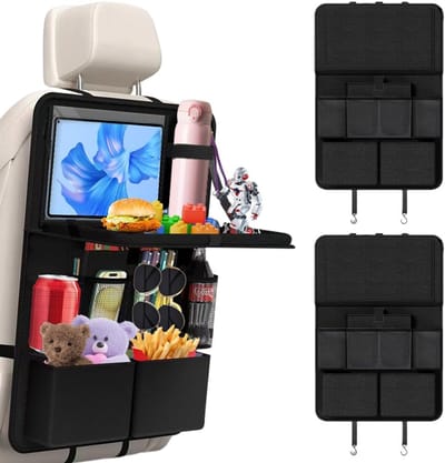 Famanu – Rugleuningbescherming - organizer - 2 stuks auto-organizer - Oxford autorugleuningbescherming - autostoelorganizer voor kinderen - met klaptafel - 8 vakken - organizer voor auto - achterbank - voor autostoel