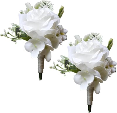Rozen Boutonniere - Reversspeldje Bruiloft - Feestelijke Gelegenheid - Handgemaakte Kunstbloem - 12 x 7 cm - Wit