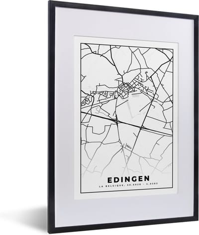 Fotolijst incl. Poster Zwart Wit- België – Edingen – Stadskaart – Kaart – Zwart Wit – Plattegrond - 30x40 cm - Posterlijst