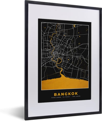 Fotolijst incl. Poster - Bangkok - Goud - Plattegrond - Stadskaart - Kaart - 30x40 cm - Posterlijst