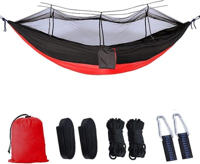 Hangmat met klamboe - Kampeerhangmat - Buiten Ontspannen - Inclusief muggennet - 260 x 140 cm - Rood Zwart