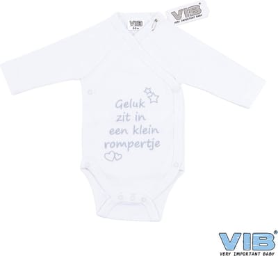 VIB® - Rompertje (overslag) Luxe Katoen - Geluk zit in een klein rompertje (Wit) - Babykleertjes - romper - rompertjes - rompertjes met tekst - baby cadeau - baby aankondiging - overslagromper