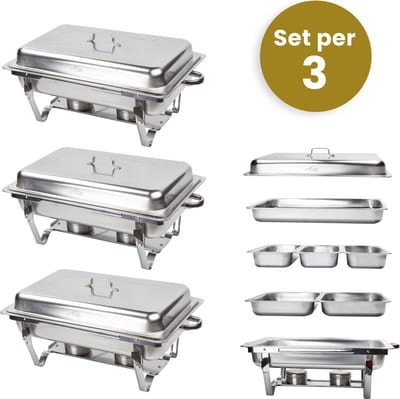 Alora Chafing Dish Chrome 6 bakken per 3 - Voedsel Verwamer - Voedsel Warmhouden - met Deksel - Buffetwarmer - Roestvrij Staal - Warmhoudplaat - Bain Maria - Warmhoudbakken - Warmhoudschalen