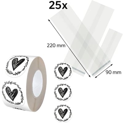 25x Uitdeelzakjes met Hartjes stickers | 220 x 90 mm | Traktatiezakjes | Kinderfeestje | Cellofaanzakjes | Cadeauzakjes | Snoepzakjes | Plastic Zakjes | Uitdeelzakjes kinderen | Cadeauzakjes Kinderen | Verpakkingszakjes Uitdeelcadeaus