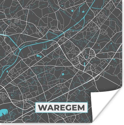 Poster Stadskaart – Grijs - Kaart – Waregem – België – Plattegrond - 100x100 cm XXL