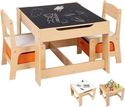 COSTWAY 3-delige kinderzitgroep- kindertafel met 2 stoelen van hout- 3-in-1 schildertafel & activiteitstafel & tafeltafel- kindermeubel- kinderzitgarnituur voor peuters van 3 tot 7 jaar (natuur)