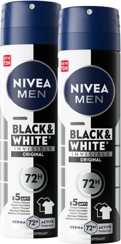 NIVEA MEN Black & White Original Anti-Transpirant Spray - Geen witte of gele vlekken - Quickdry - Alcoholvrij - Beschermt 72 uur - 2 x 150ml