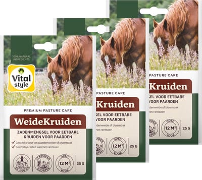 VITALstyle WeideKruiden - Kruidenzaden - Zadenmengsel Met Eetbare Kruiden Voor Paarden - 36m2 - 3 x 25g