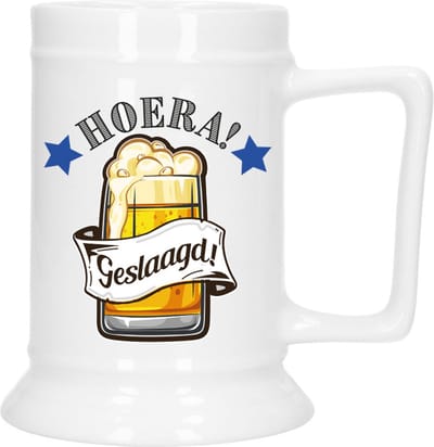 Bellatio Decoration Geslaagd Cadeau Bierpul - blauw - hoera! geslaagd! - keramiek - 530 ml
