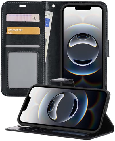 Hoesje - Geschikt voor Apple iPhone 16e / 17e - Luxe Bookcase - Walletcase Hoes - Portemonnee - Cover - Telefoonhoes - Zwart