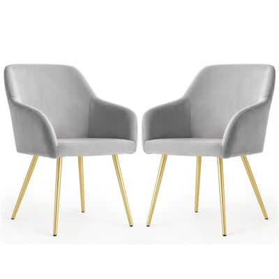 Set van 2 Eetkamerstoelen ESTELLE met Armleuningen / Gestoffeerde Stoelen / Fluwelen Stoelen en Metalen Poten / Grijs met gouden benen