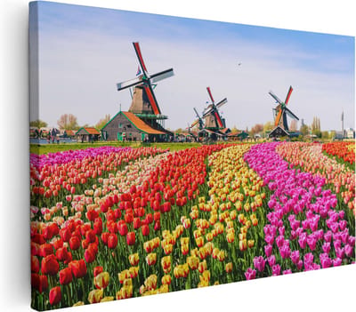 Artaza Canvas Schilderij Molen - 30x20 cm - Klein - Wanddecoratie Tulpen - Muurdecoratie Nederland - Kamer Accessoires Lente