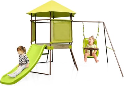 Speeltoren met glijbaan - Klimrek schommel - Buiten spelen - 4-in-1 speelplezier - 225 x 203 x 168 cm - Groen