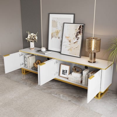 Tv meubel 160 x 37,5 x 48 cm - met vier deuren - tv-steun - tv-paneel - lage kast - geometrisch patroon - wit