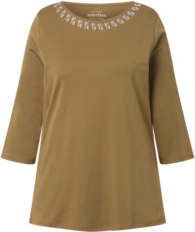 Ulla Popken - Dames - T-shirt A-lijn boothals korte mouw Pima-katoen - Olijfgroen - Maat 42+