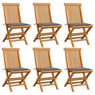 vidaXL - Klapstoelen - met - grijze - kussens, - 6 - stuks, - massief - teakhout