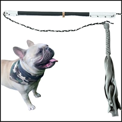 Hondenspeelgoed. Flirt Pole maat 2 in de kleuren legergroen en creme. Hondenhengel - Hondentraining - flirt pole voor honden - honden speelhengel - focus speelgoed - focus training - trektouw - dog toy - dog activity game - ShukoGear by MadeByShuko