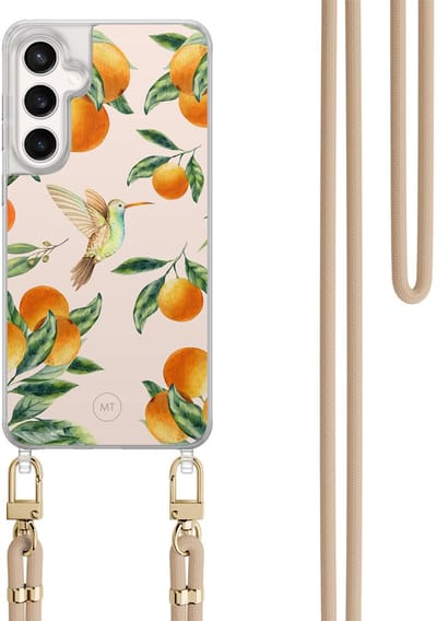 Hoesje met koord geschikt voor Samsung Galaxy S24 FE - Tropical fruit - Inclusief Beige koord - Crossbody beschermhoes - Transparant, Multi - Mooie Telefoonhoesjes