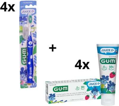 GUM Junior 6+ Voordeelpakket - 4x Tandpasta 50 ml + 4x Tandenborstel (blauw)