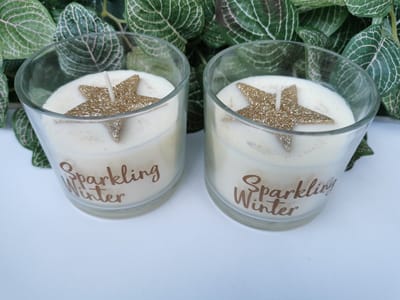 Set van 2 theelichten/waxinelichthouders  in glas met gouden tekst en gouden ster