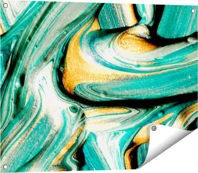 Gards Tuinposter Abstracte Kunst - Groen met Gouden Verf - 80x60 cm - Tuindoek - Tuindecoratie - Wanddecoratie buiten - Tuinschilderij