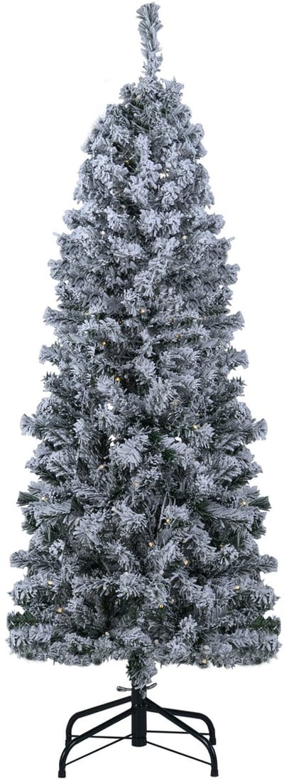 COSTWAY 150 cm kunstkerstboom met verlichting en sneeuw, potloodvormige dennenboom met 180 warmwitte LED-lampjes en 8 lichtmodi, smalle kerstboom, kunstboom voor thuis en op kantoor