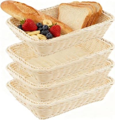 Set van 4 Woven Opbergmanden, 30x20x7cm Rectangulaire Polyvoedsel Display Schalen voor Brood, Fruit en Groenten
