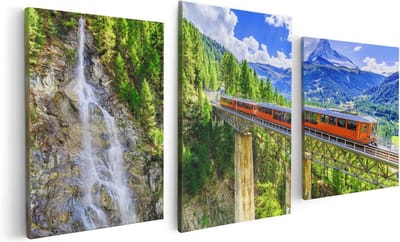 Artaza Canvas Schilderij Drieluik Trein op een Brug bij een Waterval in Zwitserland - 120x60 - Foto Op Canvas - Canvas Print