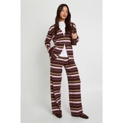 boohoo Dames Lang superzacht geribbelde gebreide boyfriend-cardigan en wijde pijp broek set | Chocoladebruin | Maat: Small