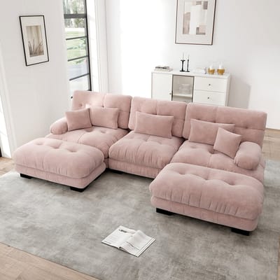 Pugsdrly Luxe modulaire hoekbank - Oversized U-vormige Cloud-bank voor woonkamer, diepe slaapbank met voetenbank, roze chenille