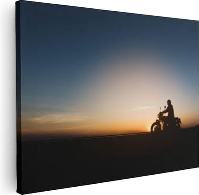 Artaza Canvas Schilderij Motorrijder - 40x30 cm - Klein - Wanddecoratie Zon - Muurdecoratie Mannen - Schilderijen Op Canvas Silhouet