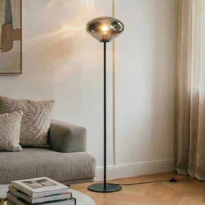Lindby - vloerlamp - 1licht - Glas, ijzer - H: 150 cm - E27 - rookgrijs, zandzwart