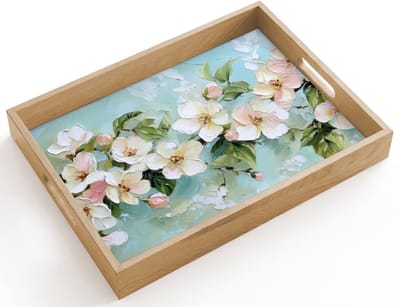 Dienblad hout 40x30 cm - Schootdienblad - Bloesem - Bladeren - Lichtblauw - Borrelplank rechthoek - Plateau dienbladen